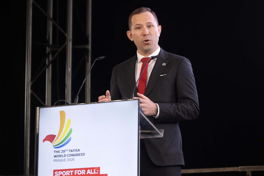 Starosta Sokola Martin Chlumský na zahájení 29. světového kongresu TAFISA 2026 v Tyršově domě, 14. 5. 2026