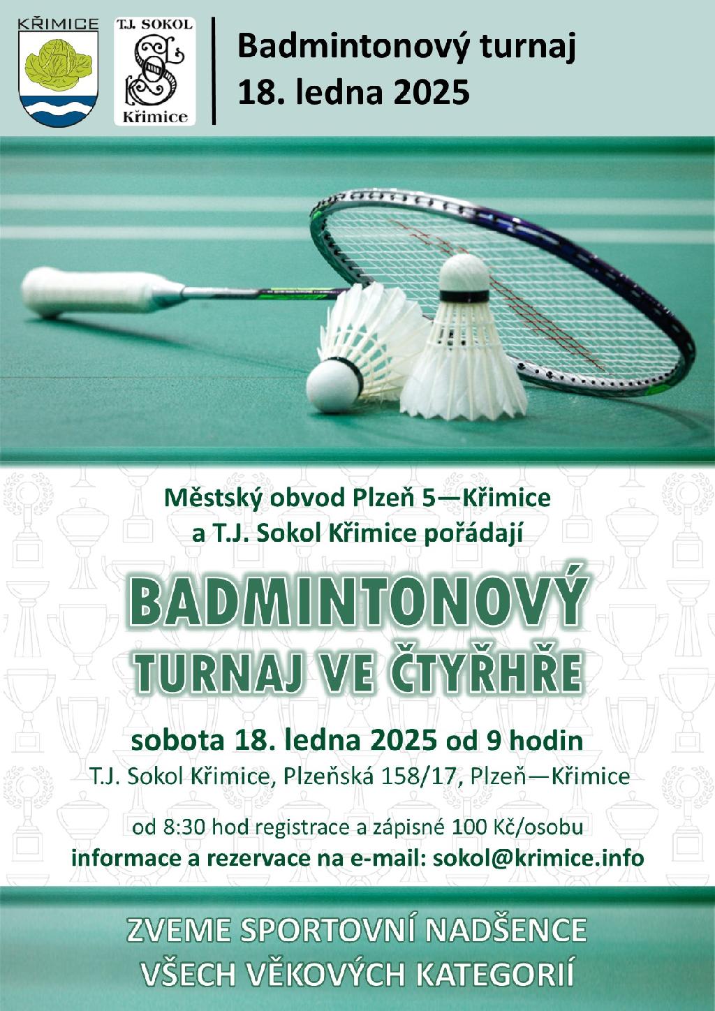 Badmintonový turnaj ve čtyřhře - T.J. Sokol Křimice - 2025