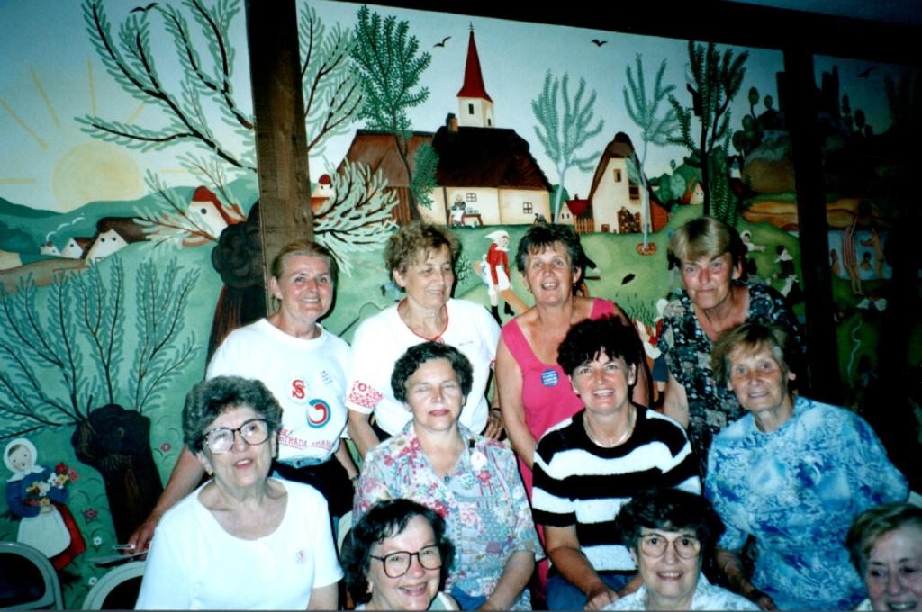 Fotografie s Irenou Drábkovou (nahoře vlevo) z XIX. amerického sokolského sletu v Chicagu v r. 1997 (archiv M. Pangrácové)