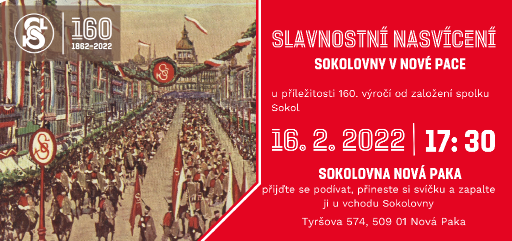 Nová Paka - plakát 160 let - nasvícení Sokolovny