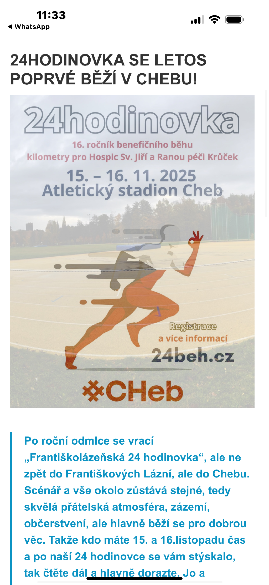 15.11.2025 se uskutečnil charitativní běh 24.hodinovka v Chebu na Krajince